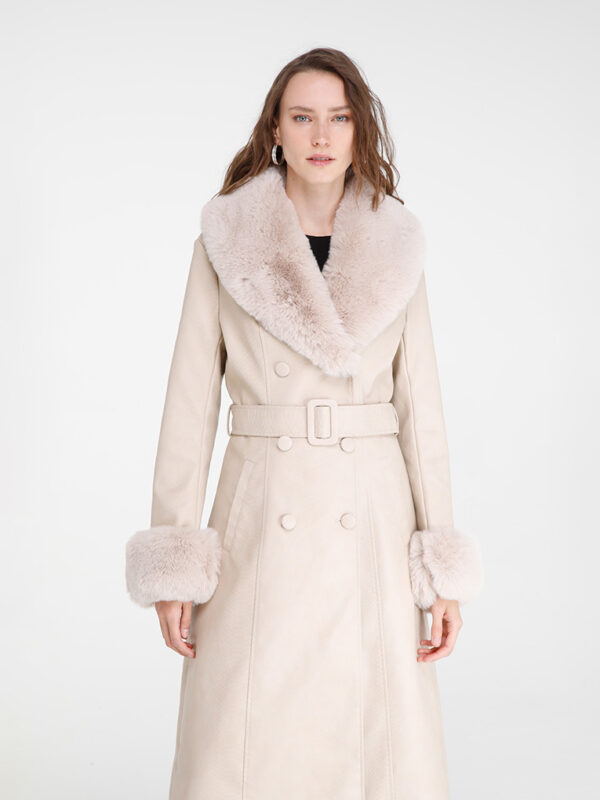 KOLBASKY - FAUX LEATHER BUTTER TRENCH WITH FUR COLLAR & SLEEVES